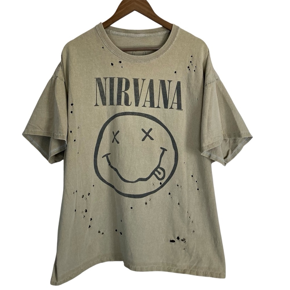 UO NIRVANA Tan Gold washed Distressed Smiley Face Band Logo Tee Shirt Dress
